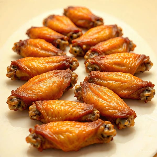A dozen golden-brown chicken wings, glistening with sauce, arranged on a white platter.