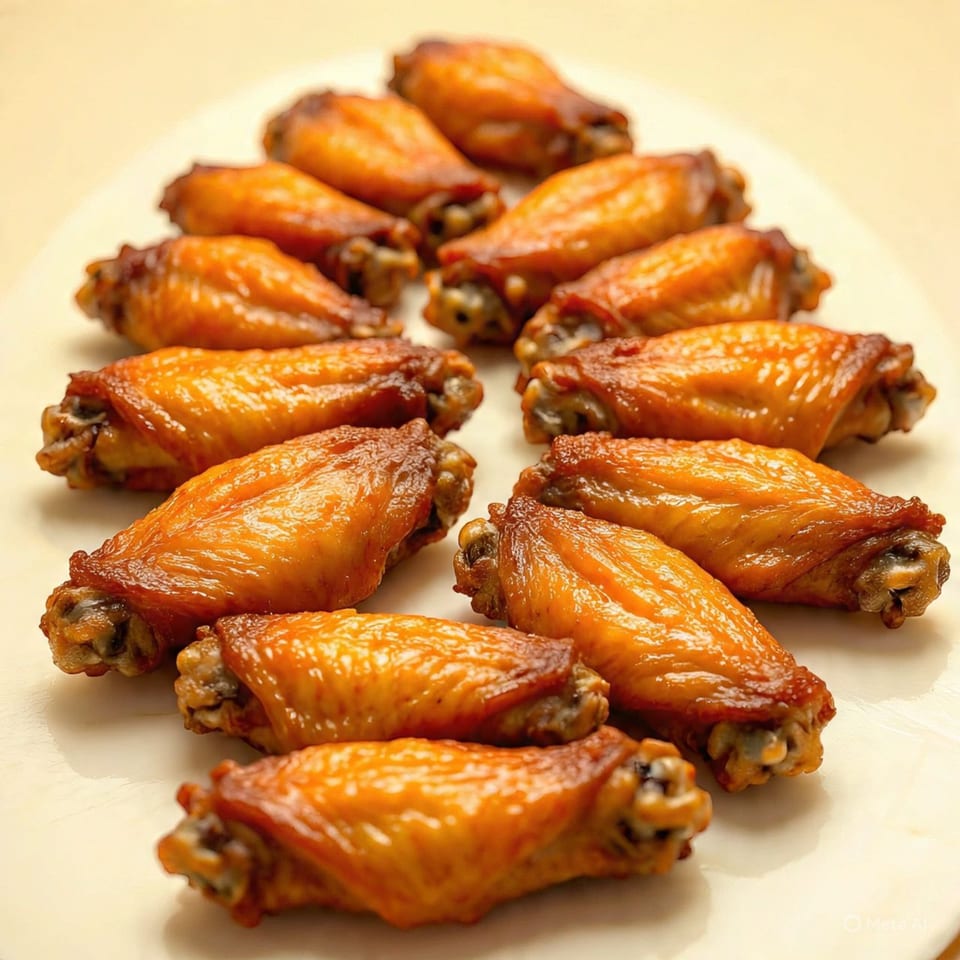 A dozen golden-brown chicken wings, glistening with sauce, arranged on a white platter.